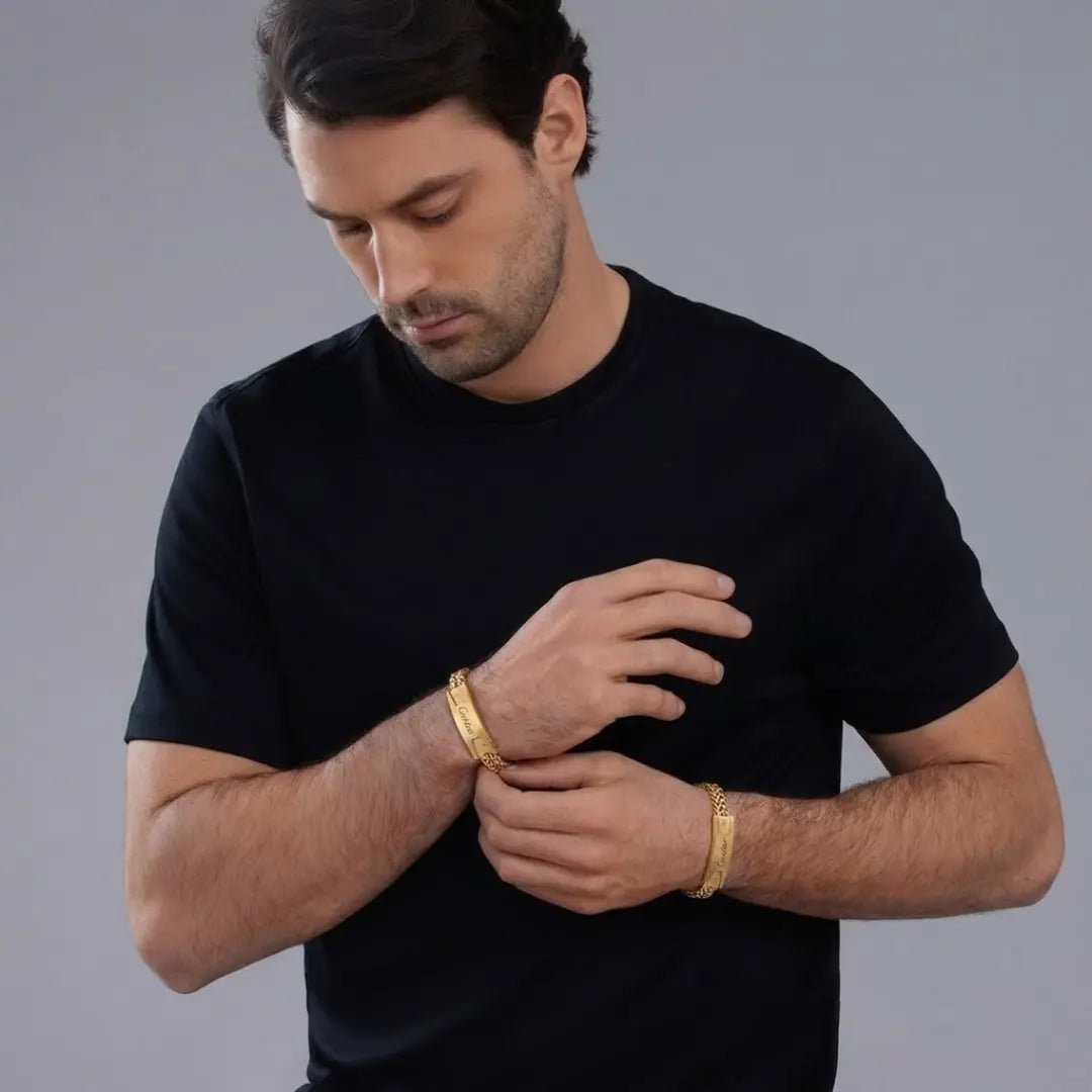 18K Gold Filled Script ID Bar Franco Chain Bracelet – Engraved Cursive Bar Franco Mesh Link Bracelet for Men